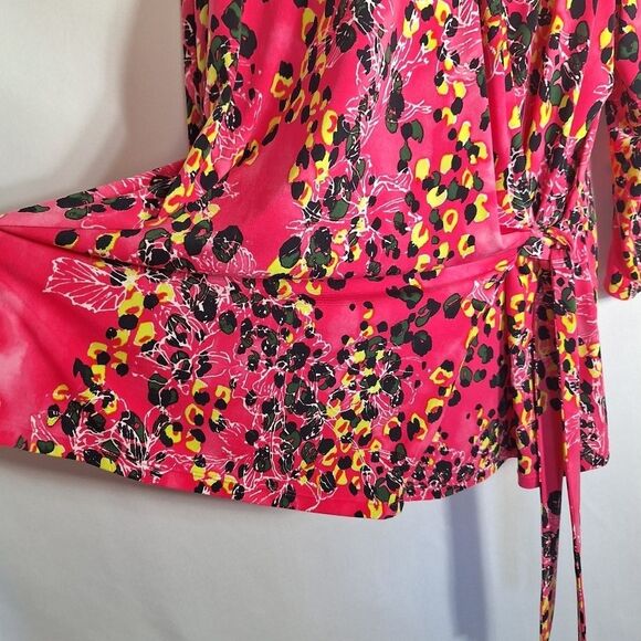 Peter Nygard Womens Tunic Top 3/4 Sleeve Floral Faux Wrap Pink Leopard Spots 1X - Picture 6 of 11